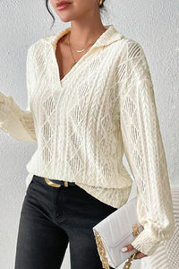 Apricot Textured Hollow Crochet Collared V Neck Top