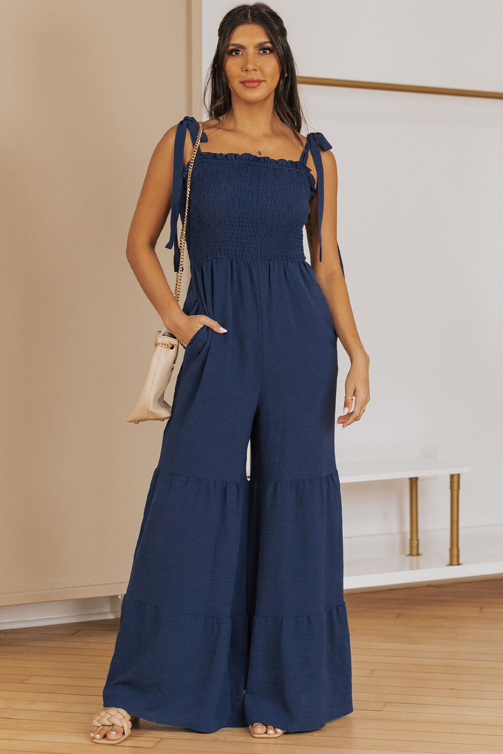 Black Tie Straps Shirred Casual Tiered Wide Leg Jumpsuit