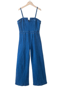 Blue Spaghetti Straps Notch V Denim Jumpsuit