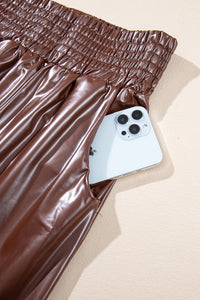 Brown Smocked High Waist Leather Skinny Pants