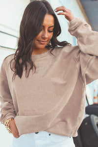 Smoke Gray Plain Drop Sleeve Crinkle Rib Oversized Sweatshirt