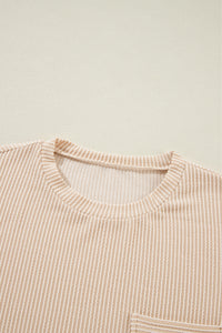 Beige Crinkle Rib Knit Pocketed Loose Fit Crew Neck T Shirt