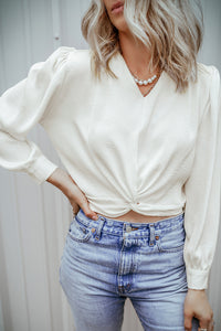 White Twisted Hem V Neck Textured Crop Blouse