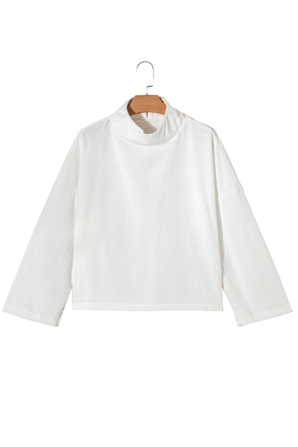 White Plain Mock Neck Drop Shoulder Ribbed Top