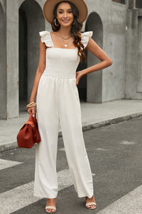 White Smocked Ruffle Strap Pocket Wide Leg Jumpsuit