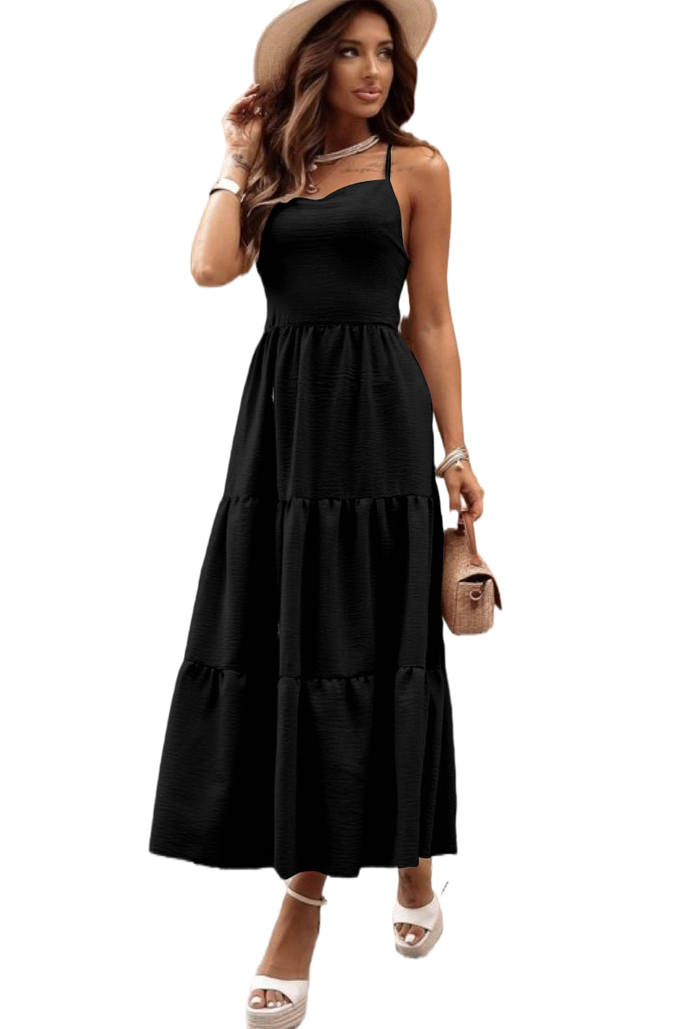 Black Crossover Backless Bodice Tiered Maxi Dress