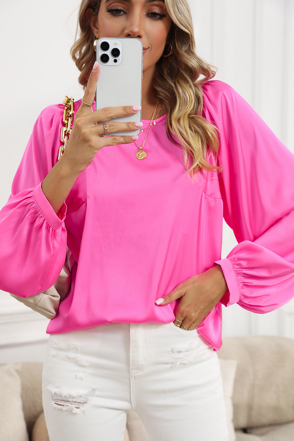 Green Plain Satin Puff Long Sleeve Crewneck Blouse