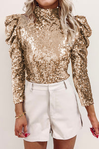 Black Sequin Mock Neck Ruched Puff Sleeve Top