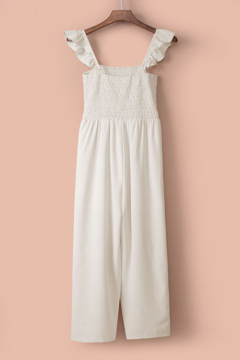 White Smocked Ruffle Strap Pocket Wide Leg Jumpsuit